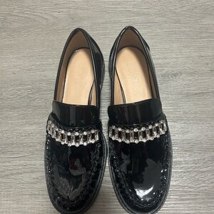 LOFT Black Patent Loafers with Rhinestone Accents